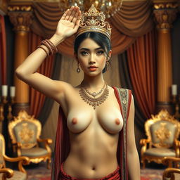 A beautiful 19-year-old woman with a slender yet curvy, athletic, and proportional body poses as a Javanese queen