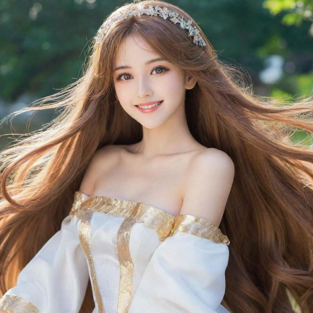 A stunning anime girl with long, flowing hair, sparkling eyes, and an elegant costume. She possesses an aura of grace and displays a charming smile.