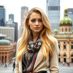 A 25-year-old Slavic-looking woman with blonde hair, wearing stylish clothing