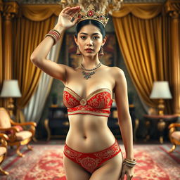 A beautiful and ideal 19-year-old Javanese queen with a slim yet full, dense, and proportional body, posed in a luxurious palace