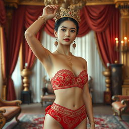 A beautiful and ideal 19-year-old Javanese queen with a slim yet full, dense, and proportional body, posed in a luxurious palace