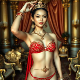 A beautiful and ideal 19-year-old Javanese queen with a slim yet full, dense, and proportional body, posed in a luxurious palace