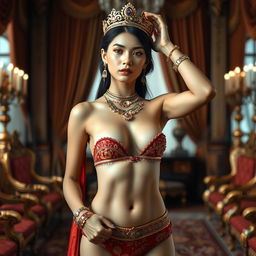 A beautiful and ideal 19-year-old Javanese queen with a slim yet full, dense, and proportional body, posed in a luxurious palace