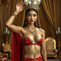 A beautiful and ideal 19-year-old Javanese queen with a slim yet full, dense, and proportional body, posed in a luxurious palace