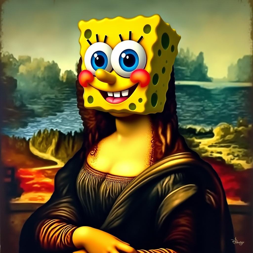 A surreal and humorous fusion portrait featuring the Mona Lisa with the iconic head of SpongeBob SquarePants