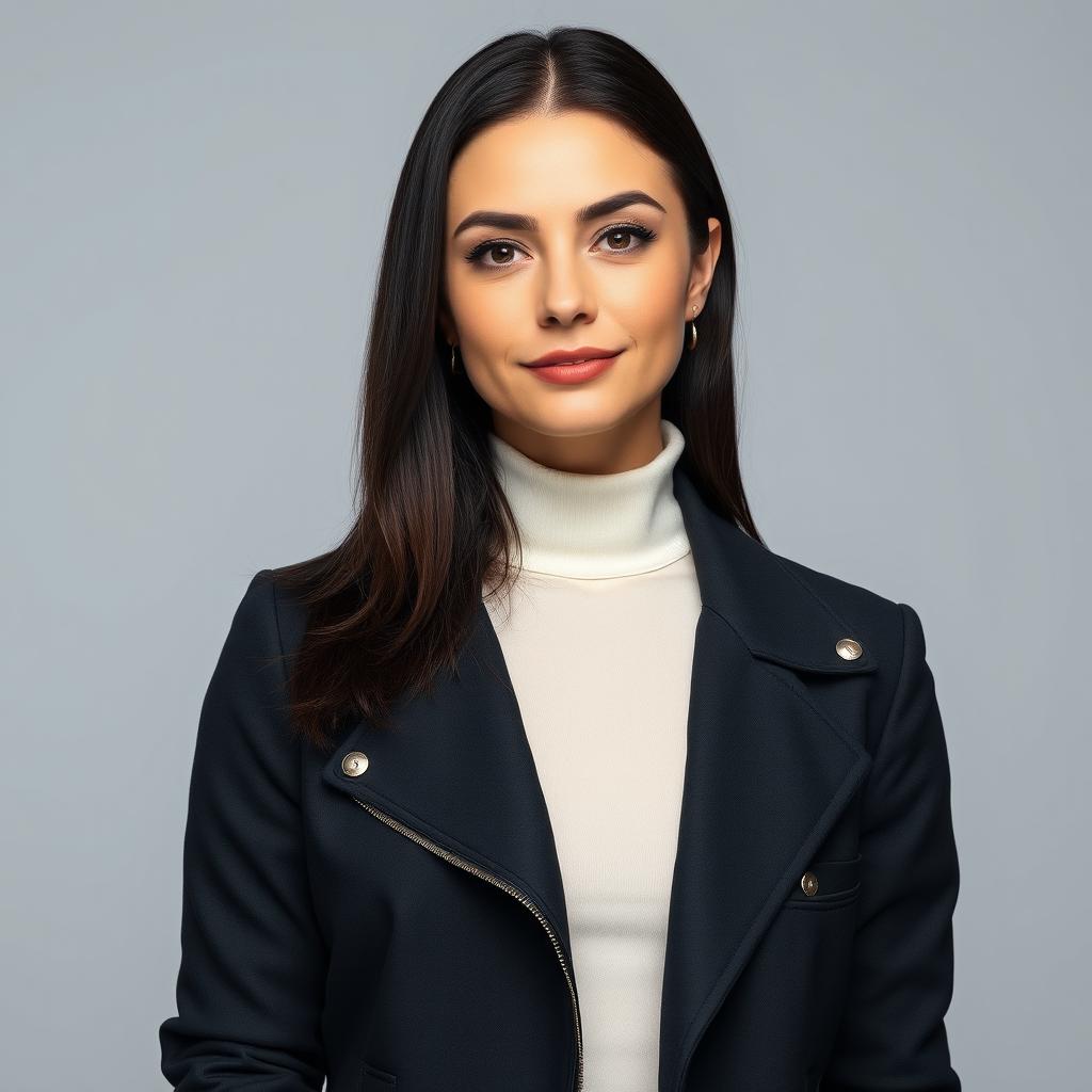 Slavic woman, front view, dark hair, 32 years old, wearing stylish contemporary clothing, with a confident and approachable demeanor, standing against a neutral background