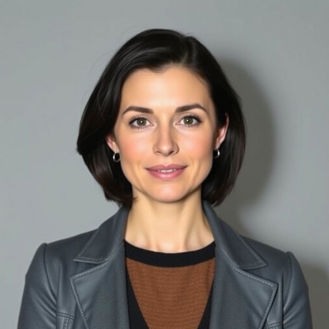 Slavic woman, front view, dark hair, 32 years old, wearing stylish contemporary clothing, with a confident and approachable demeanor, standing against a neutral background