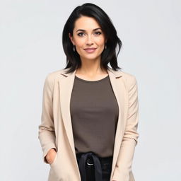 Slavic woman, front view, dark hair, 32 years old, wearing stylish contemporary clothing, with a confident and approachable demeanor, standing against a neutral background