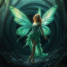 Linnea, a captivating fairy of the flora, stands gracefully in a mystical forest bathed in the iridescent glow of the Crystal of Vitality, her delicate wings shimmering with hues of green and blue