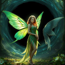 Linnea, a captivating fairy of the flora, stands gracefully in a mystical forest bathed in the iridescent glow of the Crystal of Vitality, her delicate wings shimmering with hues of green and blue