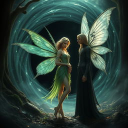 Linnea, a captivating fairy of the flora, stands gracefully in a mystical forest bathed in the iridescent glow of the Crystal of Vitality, her delicate wings shimmering with hues of green and blue