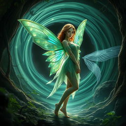 Linnea, a captivating fairy of the flora, stands gracefully in a mystical forest bathed in the iridescent glow of the Crystal of Vitality, her delicate wings shimmering with hues of green and blue