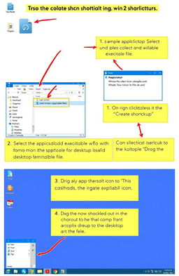 A step-by-step illustration demonstrating how to create a desktop shortcut using Win32 on a computer