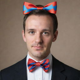 A man with two elaborate bowtie ribbons adorning his head, adding a charming quirkiness to his demeanor.