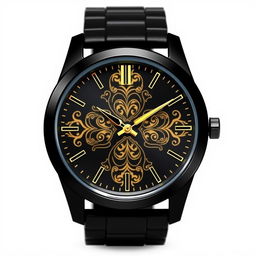 A modern black wristwatch for men featuring elegant golden designs