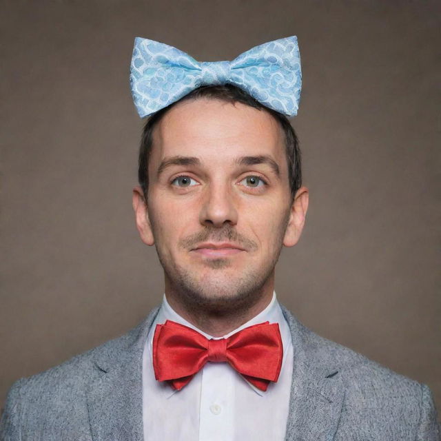 A man with two elaborate bowtie ribbons adorning his head, adding a charming quirkiness to his demeanor.