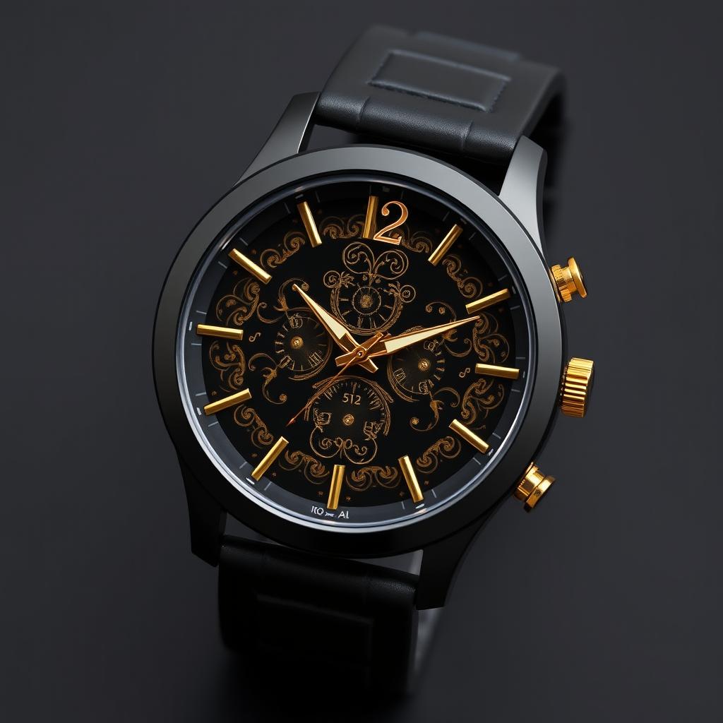 A modern black wristwatch for men featuring elegant golden designs