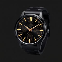 A modern black wristwatch for men featuring elegant golden designs