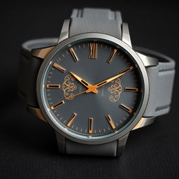 A modern grey wristwatch for men featuring elegant golden designs