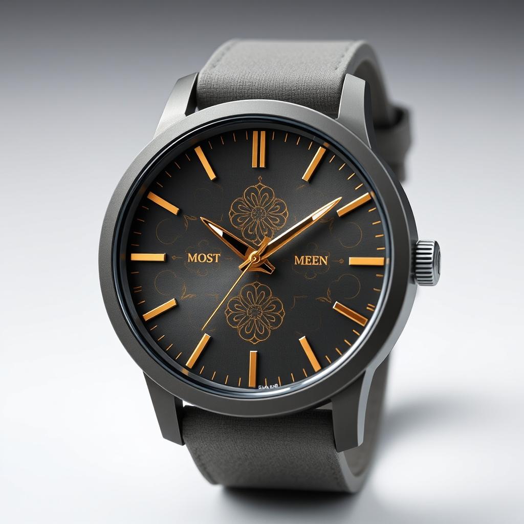 A modern grey wristwatch for men featuring elegant golden designs