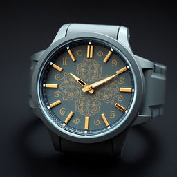 A modern grey wristwatch for men featuring elegant golden designs