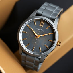 A modern grey wristwatch for men featuring elegant golden designs