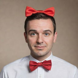 A man with two elaborate bowtie ribbons adorning his head, adding a charming quirkiness to his demeanor.