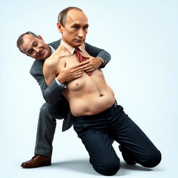 A humorous and surreal portrait of Vladimir Putin with a comically exaggerated perfect body, featuring a cartoonish big cleavage, a slim waist, and one hand placed on his chest