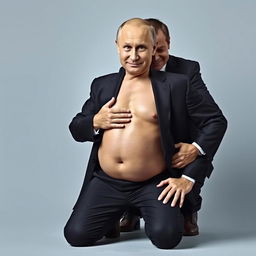 A humorous and surreal portrait of Vladimir Putin with a comically exaggerated perfect body, featuring a cartoonish big cleavage, a slim waist, and one hand placed on his chest