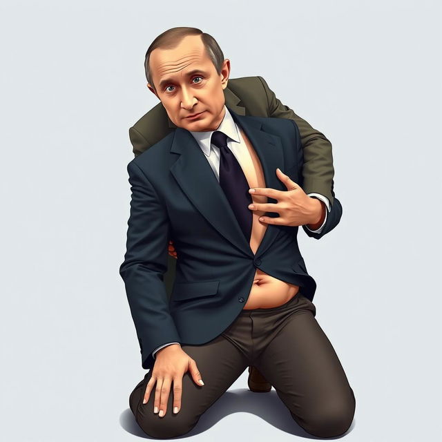 A humorous and surreal portrait of Vladimir Putin with a comically exaggerated perfect body, featuring a cartoonish big cleavage, a slim waist, and one hand placed on his chest