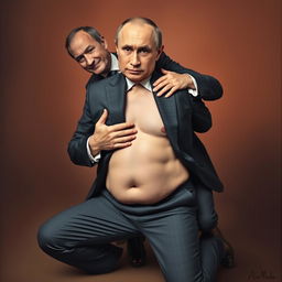 A humorous and surreal portrait of Vladimir Putin with a comically exaggerated perfect body, featuring a cartoonish big cleavage, a slim waist, and one hand placed on his chest