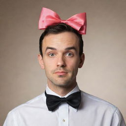 A man with two elaborate bowtie ribbons adorning his head, adding a charming quirkiness to his demeanor.