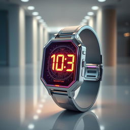 A futuristic quantum watch with a sleek, metallic design