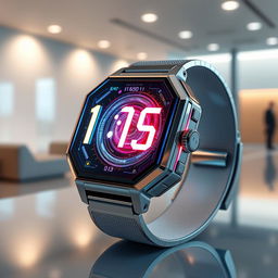 A futuristic quantum watch with a sleek, metallic design