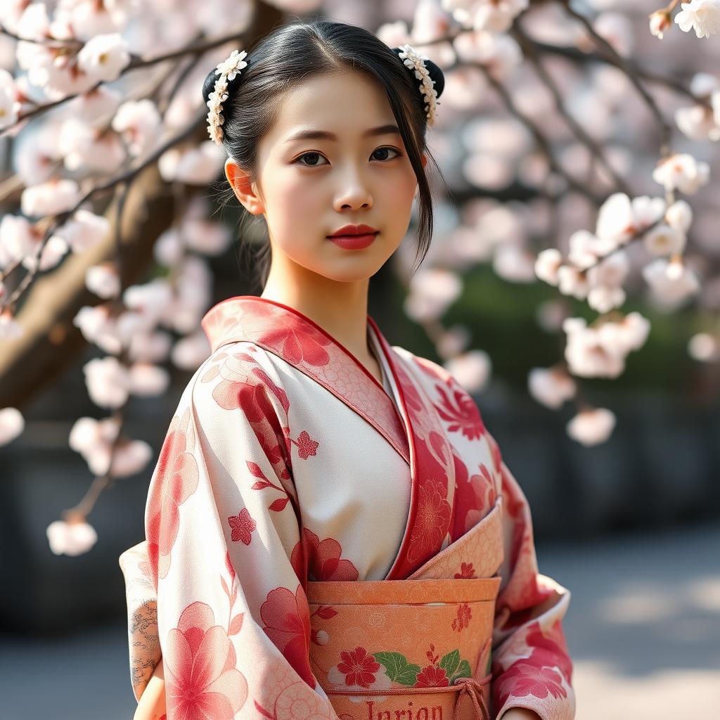 Japanese woman, young, standing gracefully, wearing a traditional kimono with intricate floral patterns, delicate cherry blossom trees in the background, soft natural lighting highlighting her features, serene expression, elegant hairstyle adorned with kanzashi hair ornaments