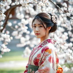 Japanese woman, young, standing gracefully, wearing a traditional kimono with intricate floral patterns, delicate cherry blossom trees in the background, soft natural lighting highlighting her features, serene expression, elegant hairstyle adorned with kanzashi hair ornaments