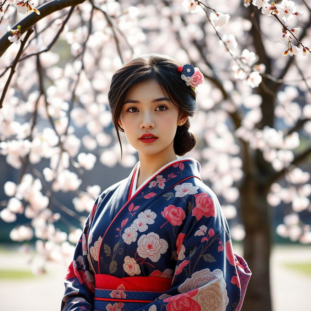 Japanese woman, young, standing gracefully, wearing a traditional kimono with intricate floral patterns, delicate cherry blossom trees in the background, soft natural lighting highlighting her features, serene expression, elegant hairstyle adorned with kanzashi hair ornaments