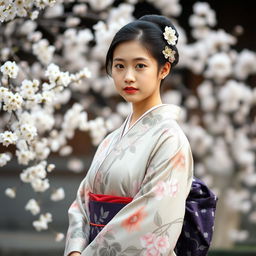 Japanese woman, young, standing gracefully, wearing a traditional kimono with intricate floral patterns, delicate cherry blossom trees in the background, soft natural lighting highlighting her features, serene expression, elegant hairstyle adorned with kanzashi hair ornaments