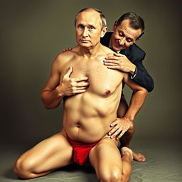 A surreal and humorous portrait of Vladimir Putin engaging in naturism, depicted with a comically exaggerated perfect body