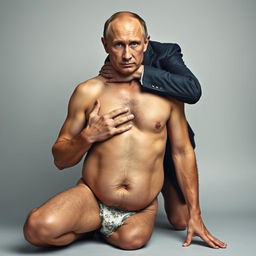 A surreal and humorous portrait of Vladimir Putin engaging in naturism, depicted with a comically exaggerated perfect body