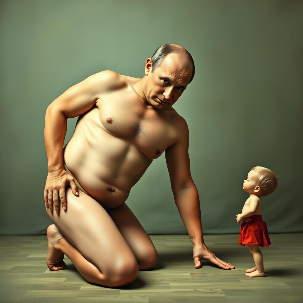 A surreal and satirical portrayal of Vladimir Putin engaging in naturism, humorously depicted with a comically exaggerated perfect body featuring a large cleavage and a slim waist