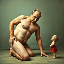 A surreal and satirical portrayal of Vladimir Putin engaging in naturism, humorously depicted with a comically exaggerated perfect body featuring a large cleavage and a slim waist