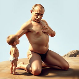 A surreal and satirical portrayal of Vladimir Putin engaging in naturism, humorously depicted with a comically exaggerated perfect body featuring a large cleavage and a slim waist