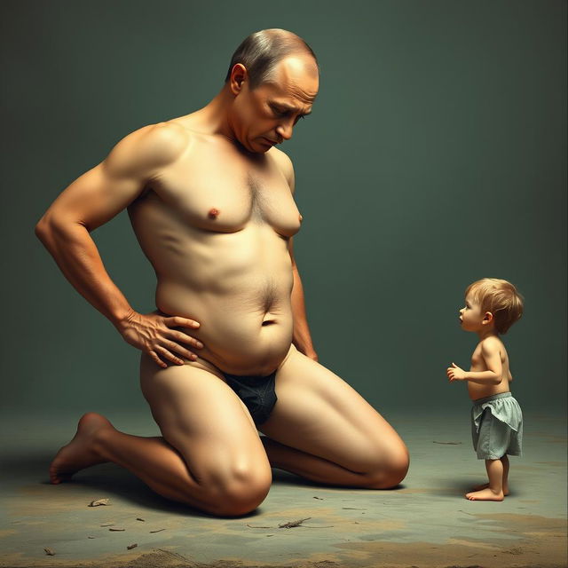 A surreal and satirical portrayal of Vladimir Putin engaging in naturism, humorously depicted with a comically exaggerated perfect body featuring a large cleavage and a slim waist