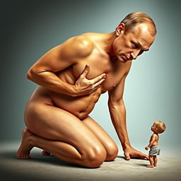 A surreal and satirical portrayal of Vladimir Putin engaging in naturism, humorously depicted with a comically exaggerated perfect body featuring a large cleavage and a slim waist