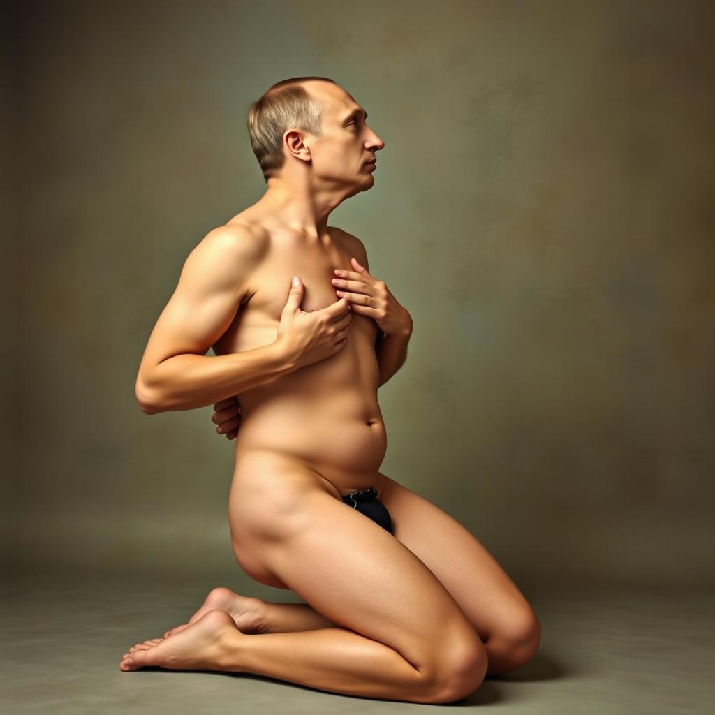 A surreal and satirical portrait of Vladimir Putin engaging in naturism, humorously depicted with an exaggerated perfect body, featuring a large cleavage and a slim waist