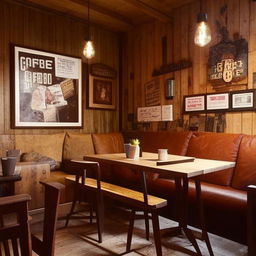 A cozy and welcoming café with a rustic interior, filled with wooden furniture, soft ambient lighting, and walls adorned with vintage coffee-related art.