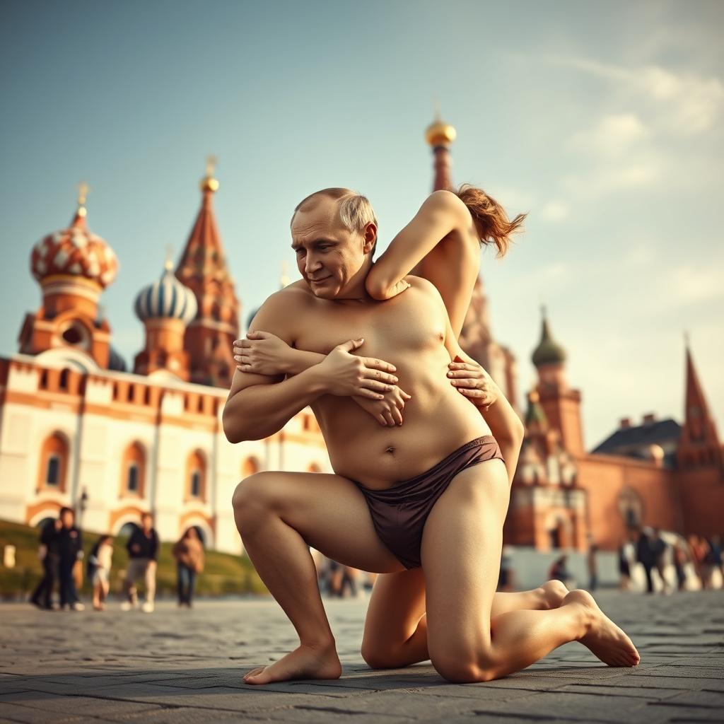 A surreal and satirical portrait of Vladimir Putin engaging in naturism, humorously depicted with an exaggerated perfect body, featuring a large cleavage and a slim waist