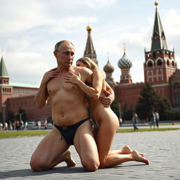 A surreal and satirical portrait of Vladimir Putin engaging in naturism, humorously depicted with an exaggerated perfect body, featuring a large cleavage and a slim waist