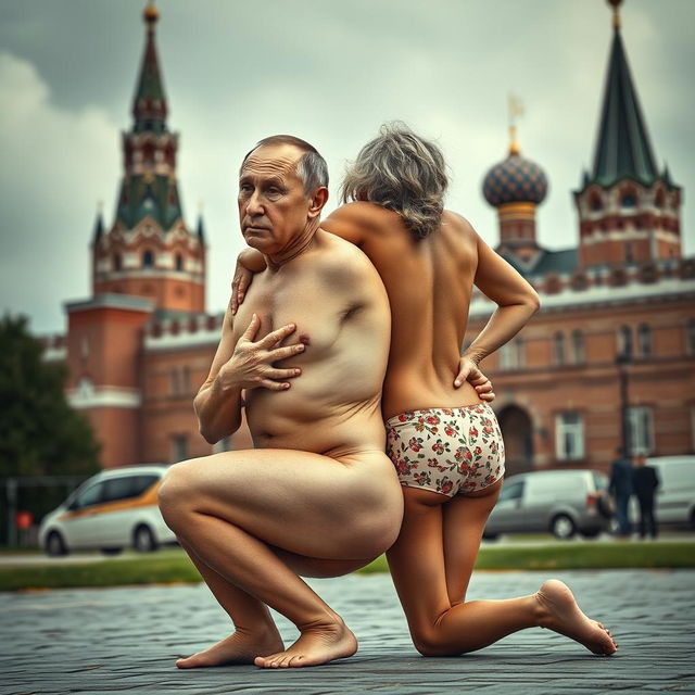 A surreal and satirical portrait of Vladimir Putin engaging in naturism, humorously depicted with an exaggerated perfect body, featuring a large cleavage and a slim waist